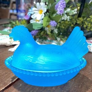 Glass Hen On Nest Candy Dish Aqua Blue